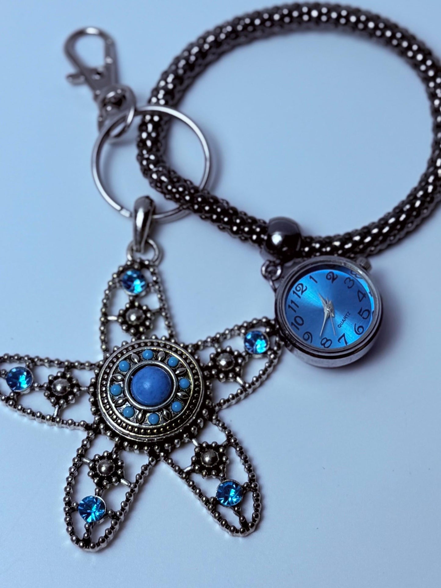 Blue Jeweled Starfish Bag Charm with Mini Watch  Coastal Ocean Purse Accessory & Nautical Gift