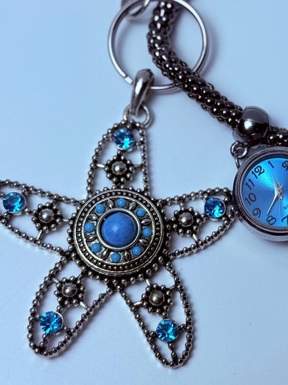 Blue Jeweled Starfish Bag Charm with Mini Watch  Coastal Ocean Purse Accessory & Nautical Gift