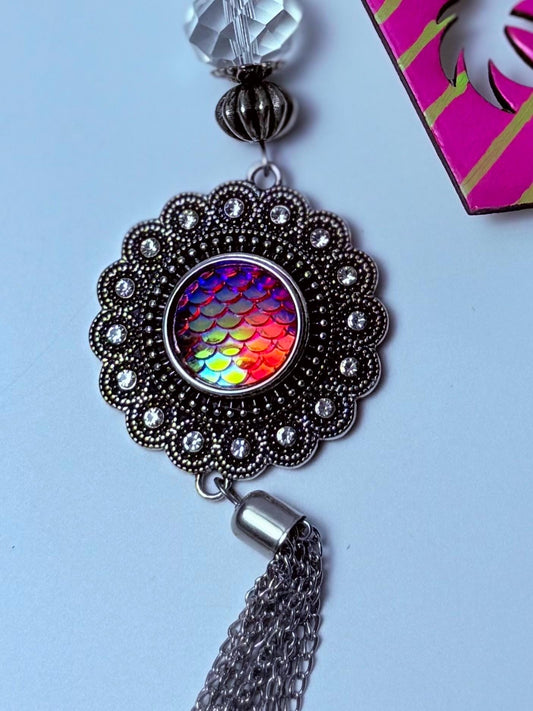 Pink Palm Tree Bag Charm: Mermaid Scale Medallion - Tropical Keychain