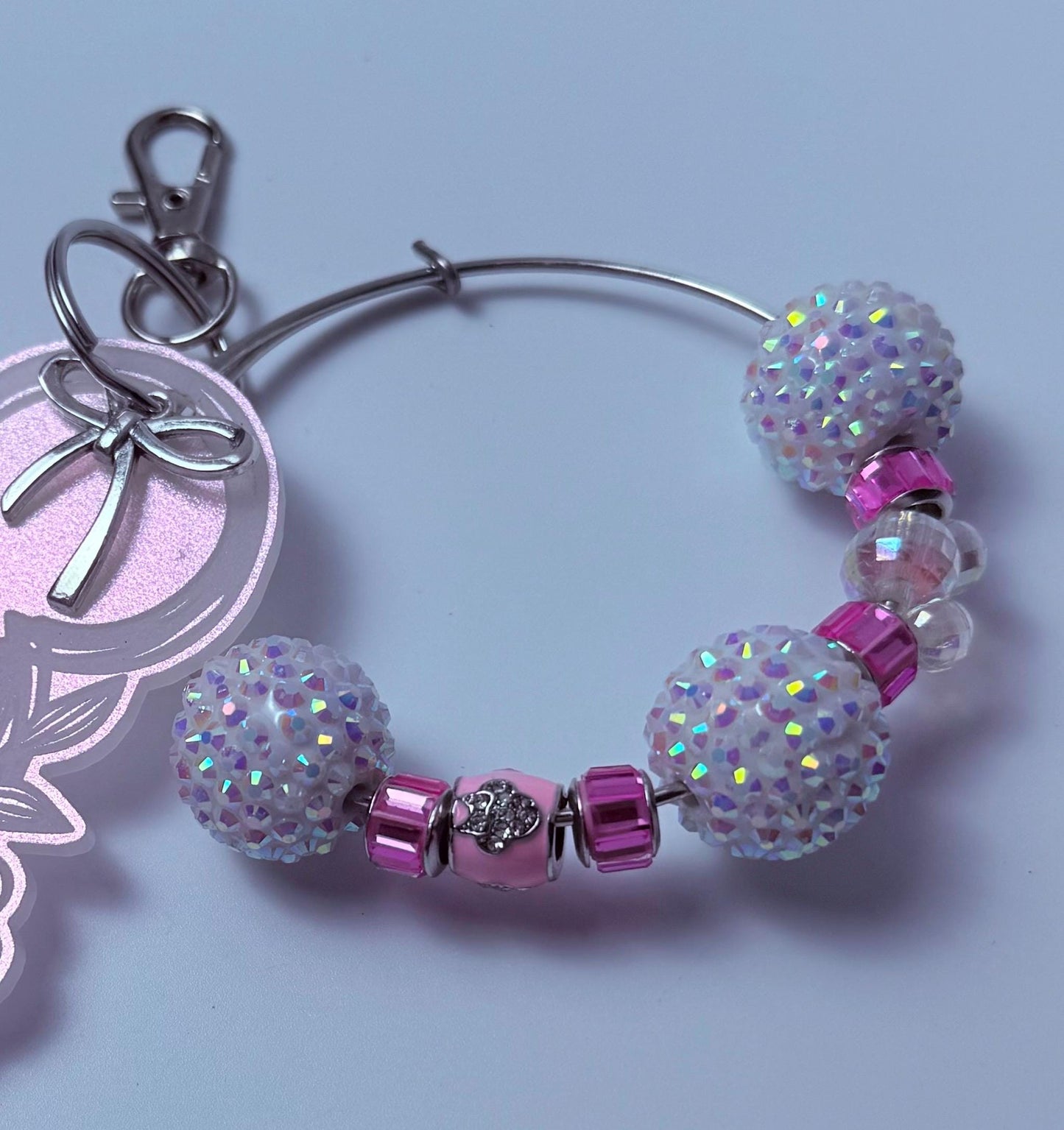 Pink Iridescent Mickey Floral Keychain  Engraved Flower Design with Dangling Minnie Mouse Charm, Disney-Inspired Acrylic Bag Charm