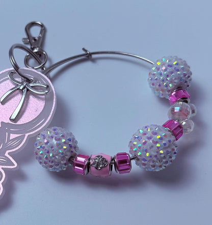 Pink Iridescent Mickey Floral Keychain  Engraved Flower Design with Dangling Minnie Mouse Charm, Disney-Inspired Acrylic Bag Charm
