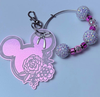 Pink Iridescent Mickey Floral Keychain  Engraved Flower Design with Dangling Minnie Mouse Charm, Disney-Inspired Acrylic Bag Charm