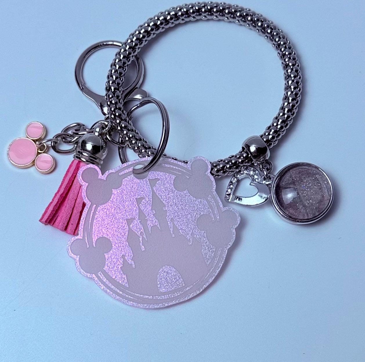 Pink Glitter Castle Bag Charm  Acrylic Purse Charm with Tassel and Heart Accent  Disney Inspired Handbag Accessory