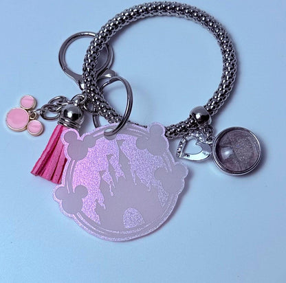 Pink Glitter Castle Bag Charm  Acrylic Purse Charm with Tassel and Heart Accent  Disney Inspired Handbag Accessory