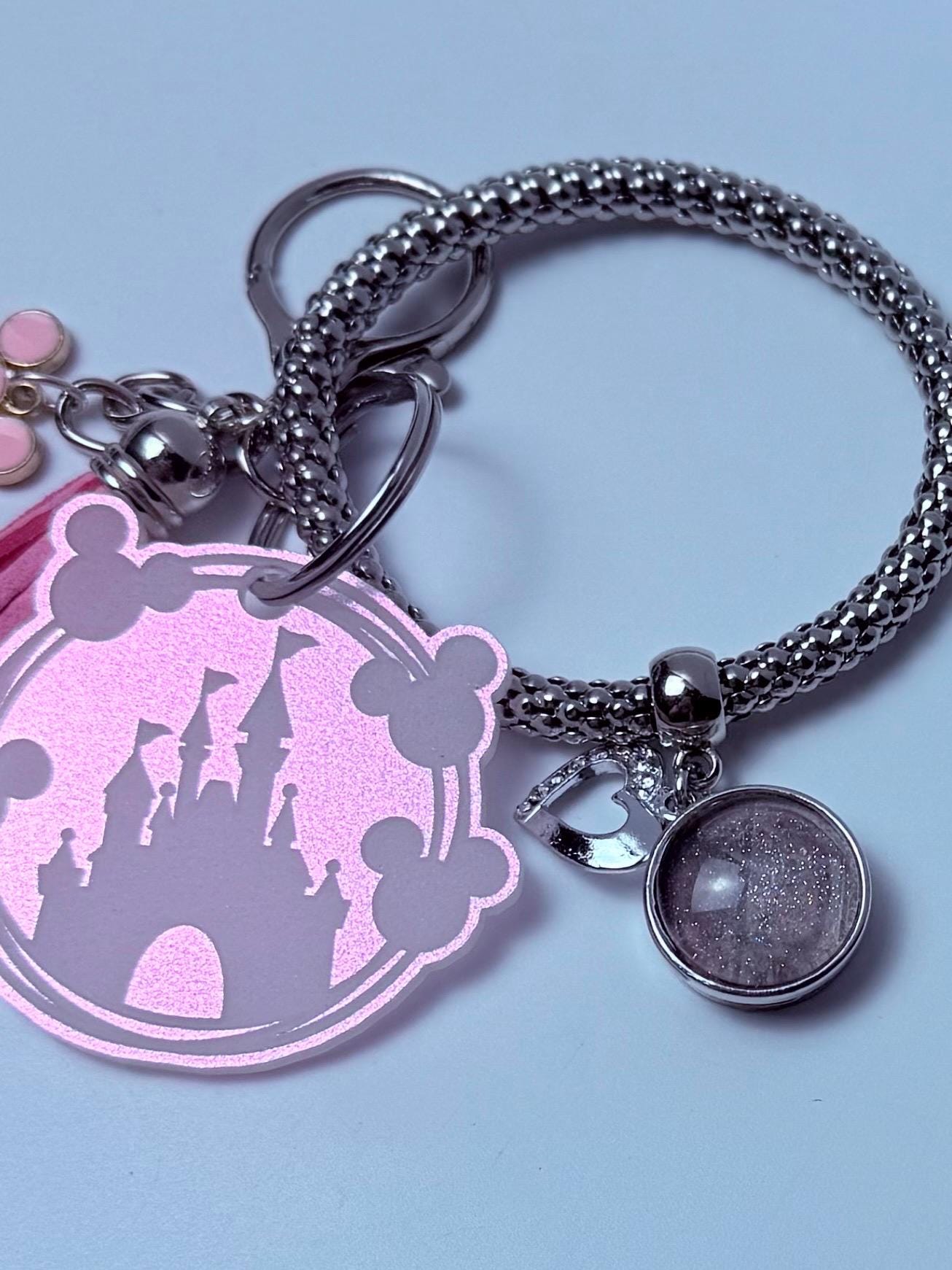 Pink Glitter Castle Bag Charm  Acrylic Purse Charm with Tassel and Heart Accent  Disney Inspired Handbag Accessory