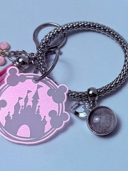Pink Glitter Castle Bag Charm  Acrylic Purse Charm with Tassel and Heart Accent  Disney Inspired Handbag Accessory