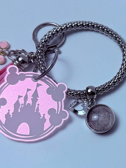 Pink Glitter Castle Bag Charm  Acrylic Purse Charm with Tassel and Heart Accent  Disney Inspired Handbag Accessory