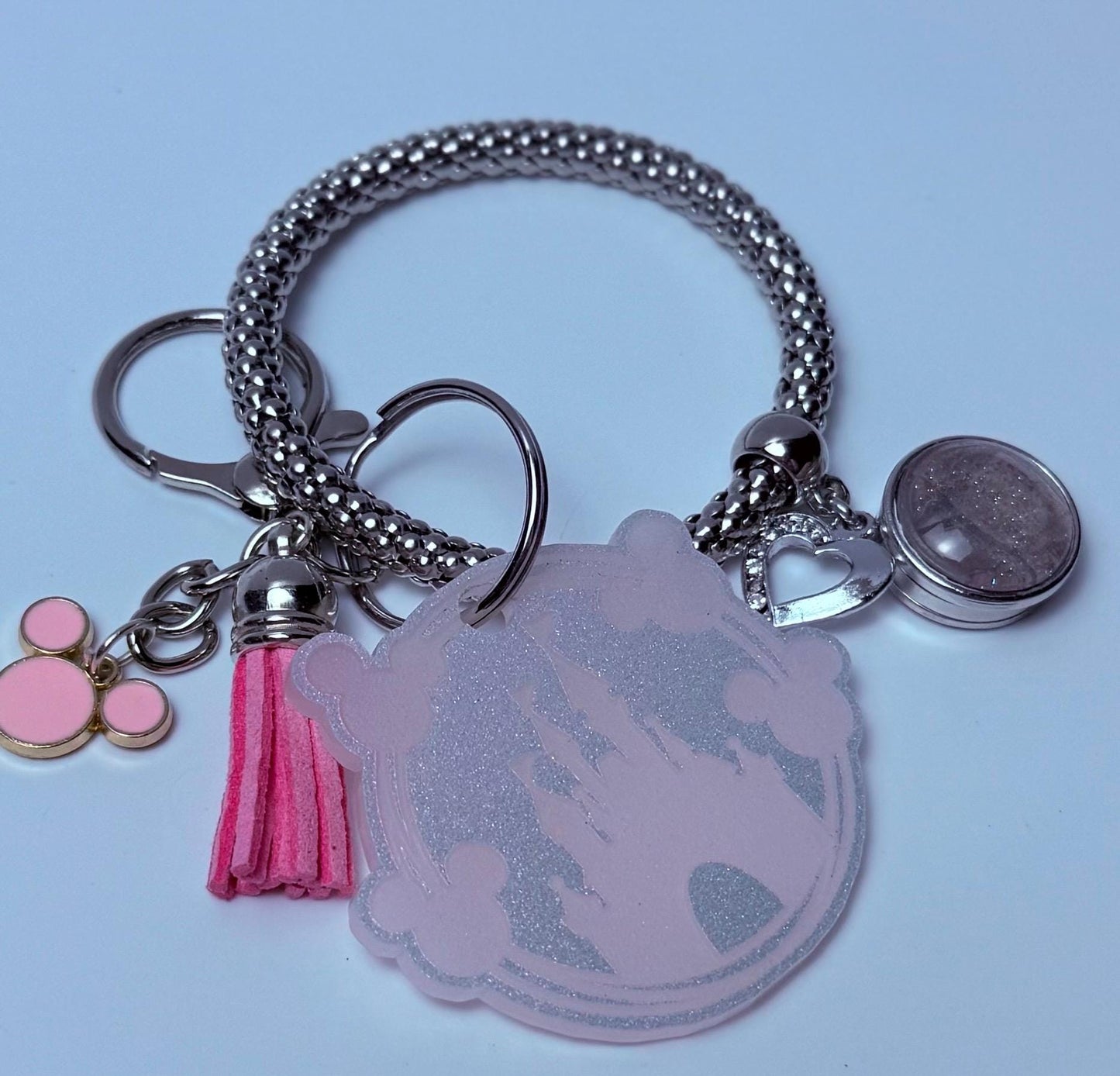 Pink Glitter Castle Bag Charm  Acrylic Purse Charm with Tassel and Heart Accent  Disney Inspired Handbag Accessory