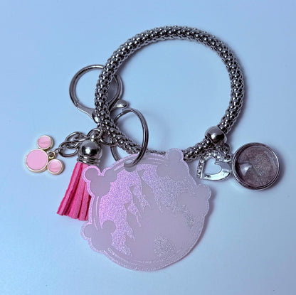 Pink Glitter Castle Bag Charm  Acrylic Purse Charm with Tassel and Heart Accent  Disney Inspired Handbag Accessory