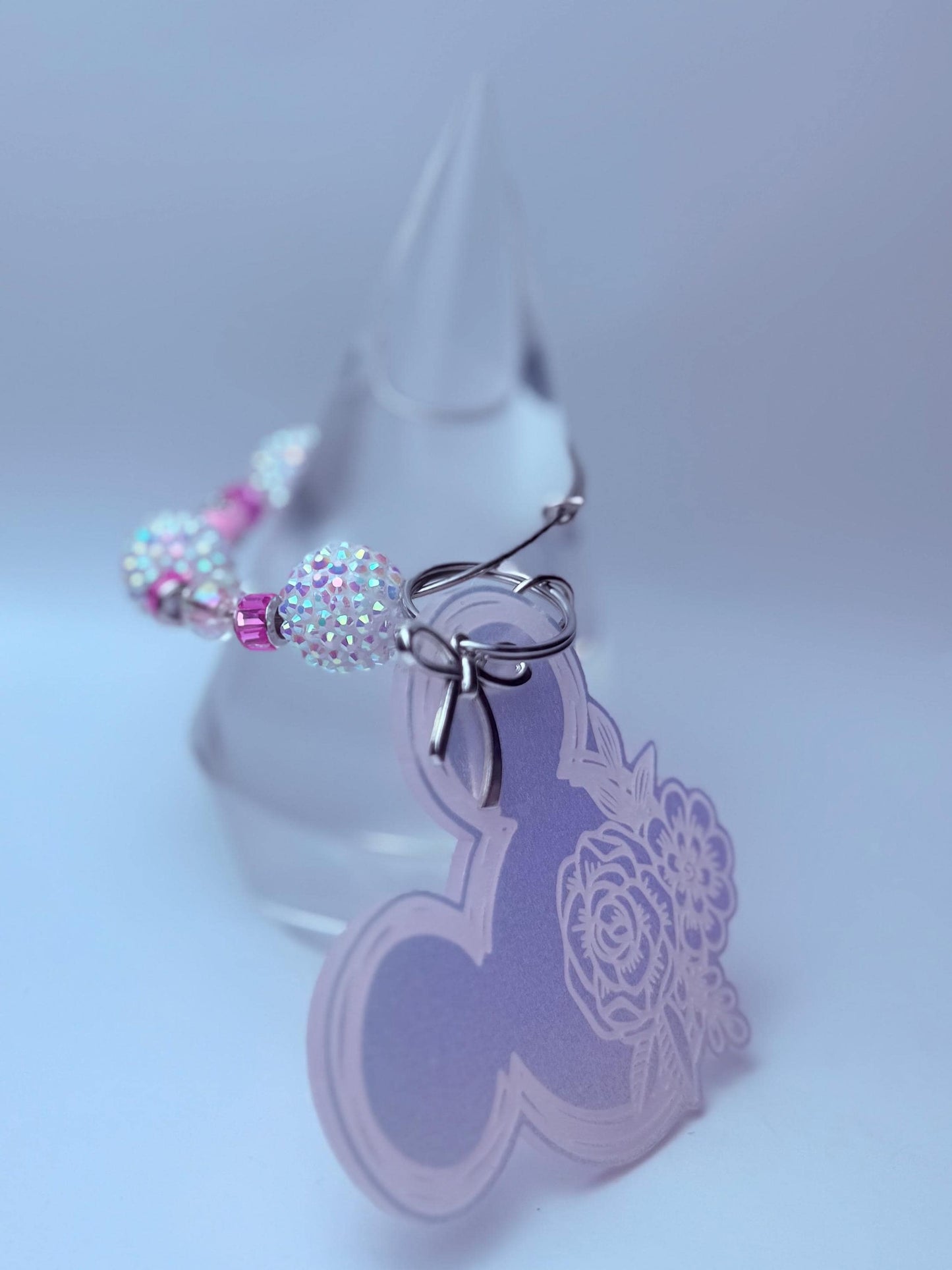 Pink Iridescent Mickey Floral Keychain  Engraved Flower Design with Dangling Minnie Mouse Charm, Disney-Inspired Acrylic Bag Charm