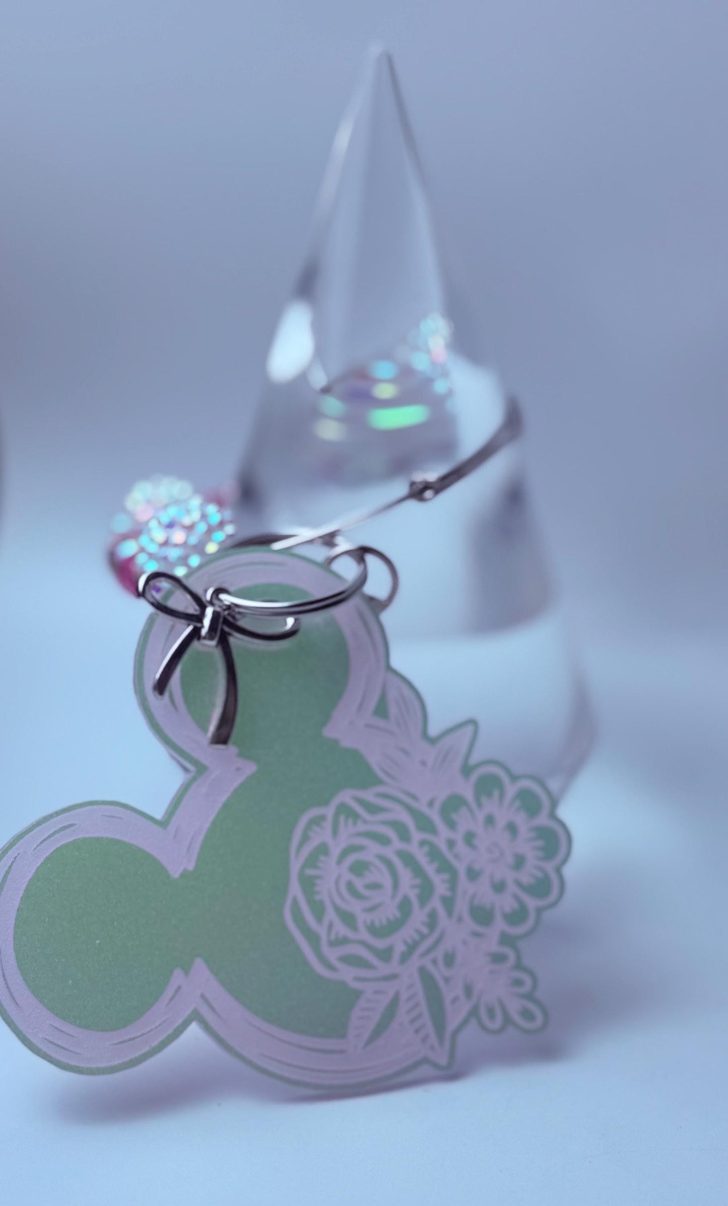 Pink Iridescent Mickey Floral Keychain  Engraved Flower Design with Dangling Minnie Mouse Charm, Disney-Inspired Acrylic Bag Charm