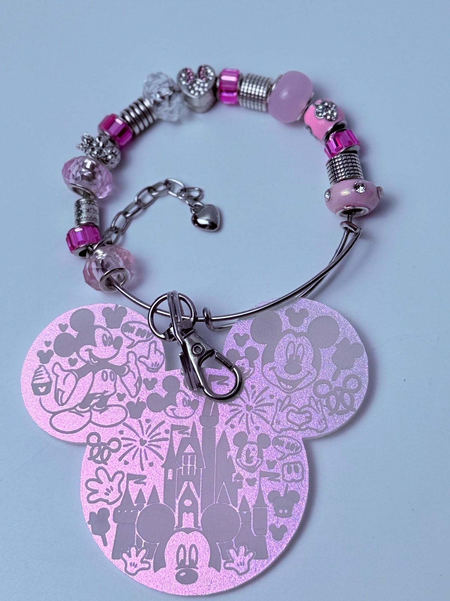 Disney Inspired Pink Beaded Bag Charm Handmade Charm Keychain with Mickey & Minnie Charms, Glass Beads, Cute Disney Accessories