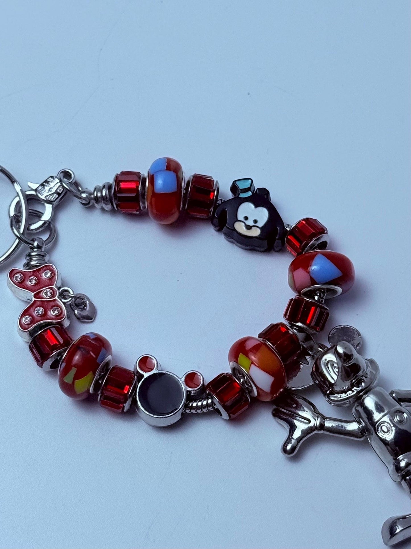 Mickey & Minnie Charm Bracelet Keychain: Red Crystal Beads, Silver Pendant