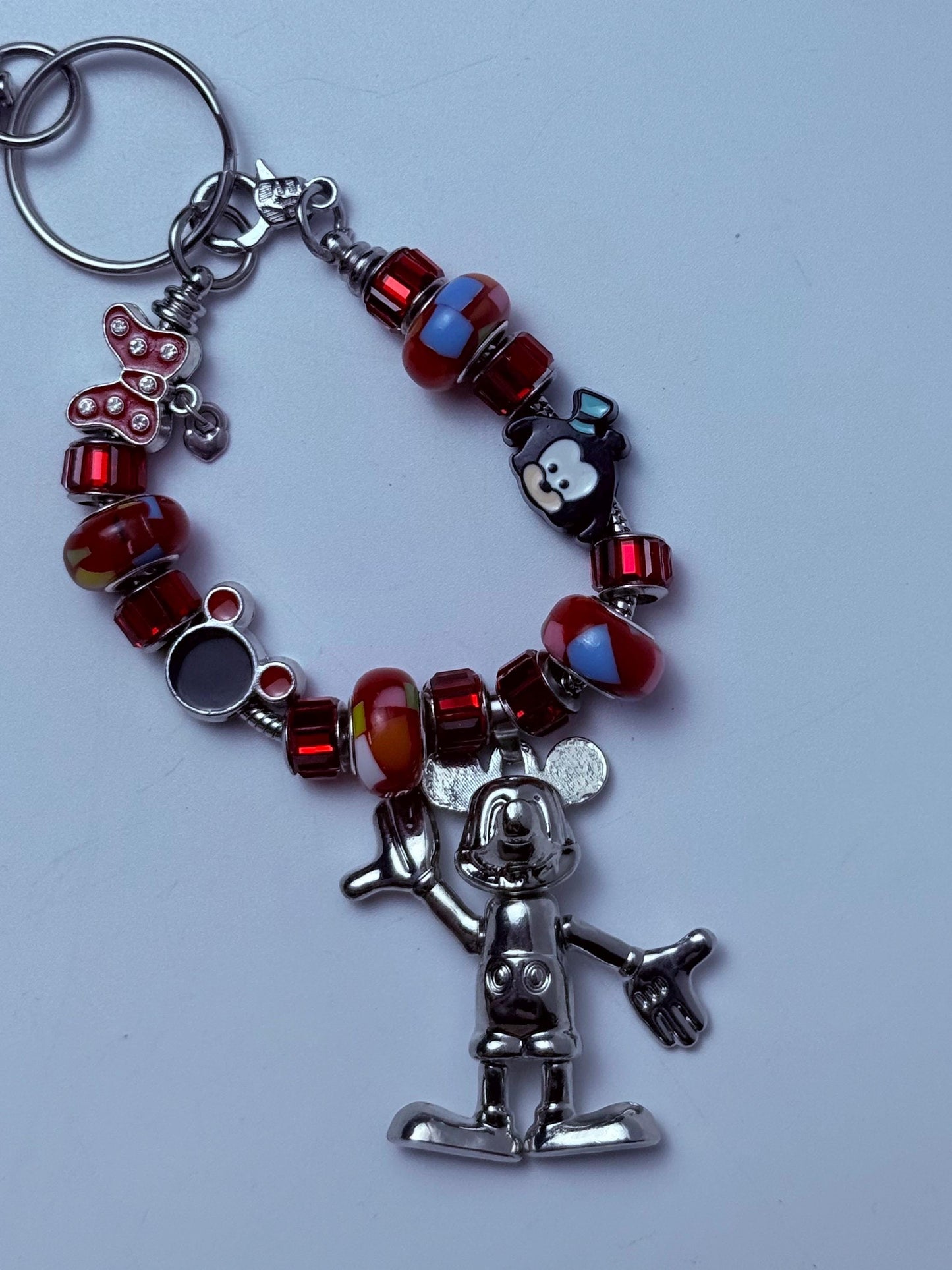 Mickey & Minnie Charm Bracelet Keychain: Red Crystal Beads, Silver Pendant