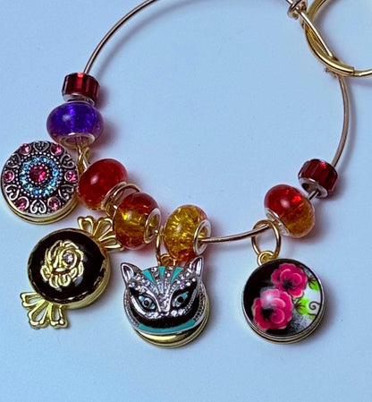 Alice in Wonderland Bag Charm: Cheshire Cat, Rose, Gem Mandala