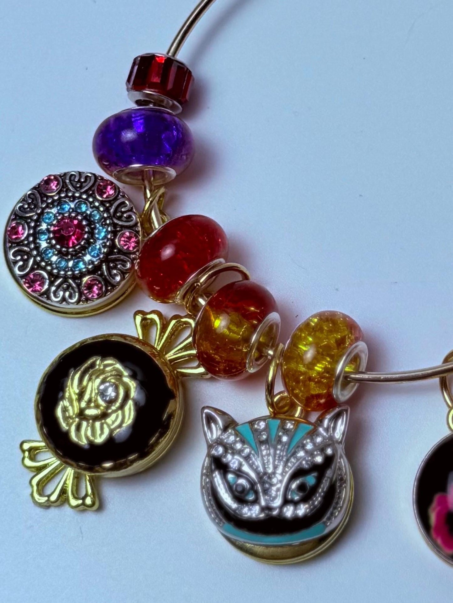 Alice in Wonderland Bag Charm: Cheshire Cat, Rose, Gem Mandala
