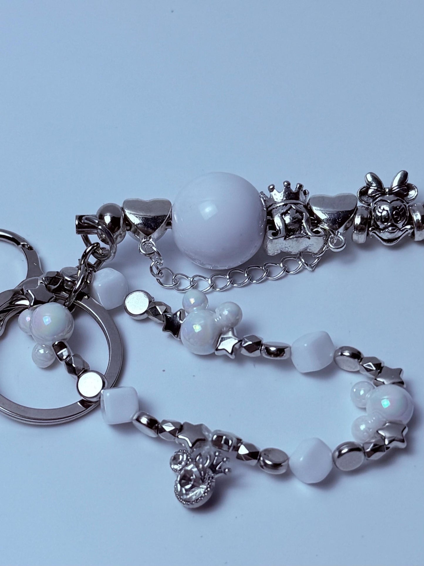 Disney Inspired White Pearl Bag Charm  Elegant Beaded Keychain with Minnie, Crown & Mickey Accents