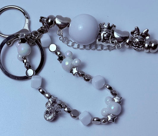 Disney Inspired White Pearl Bag Charm  Elegant Beaded Keychain with Minnie, Crown & Mickey Accents