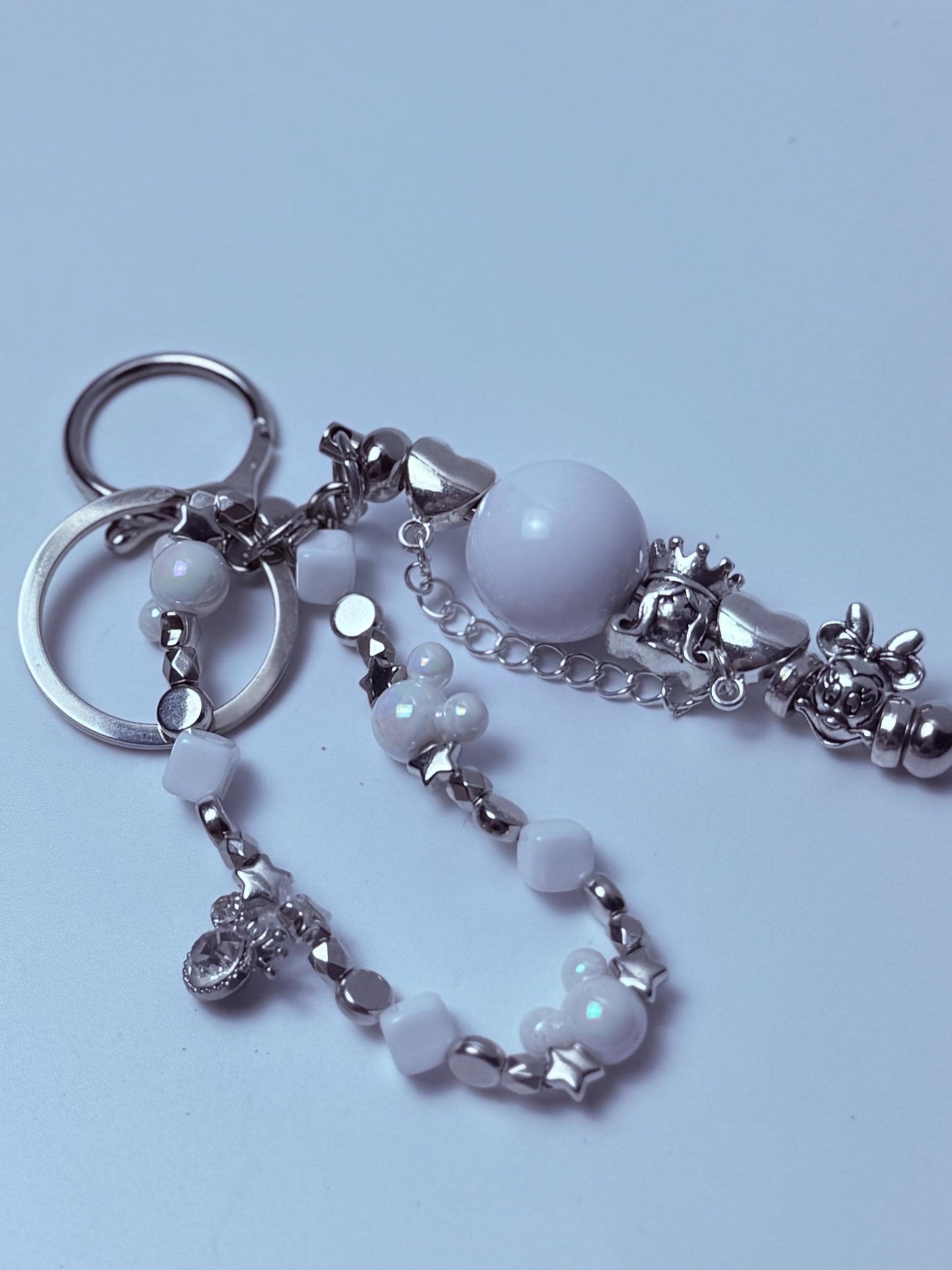 Disney Inspired White Pearl Bag Charm  Elegant Beaded Keychain with Minnie, Crown & Mickey Accents