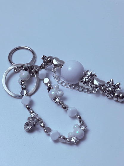 Disney Inspired White Pearl Bag Charm  Elegant Beaded Keychain with Minnie, Crown & Mickey Accents