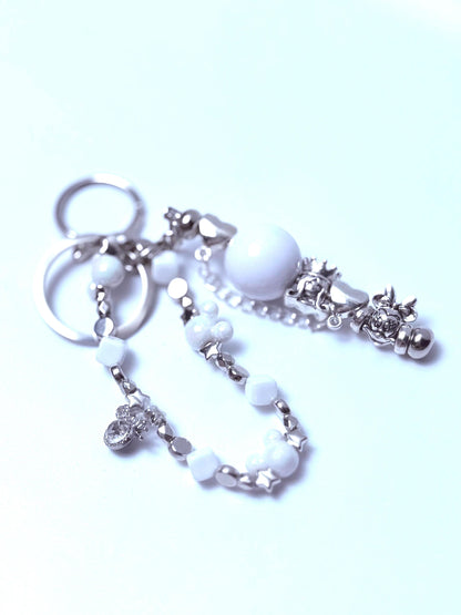 Disney Inspired White Pearl Bag Charm  Elegant Beaded Keychain with Minnie, Crown & Mickey Accents