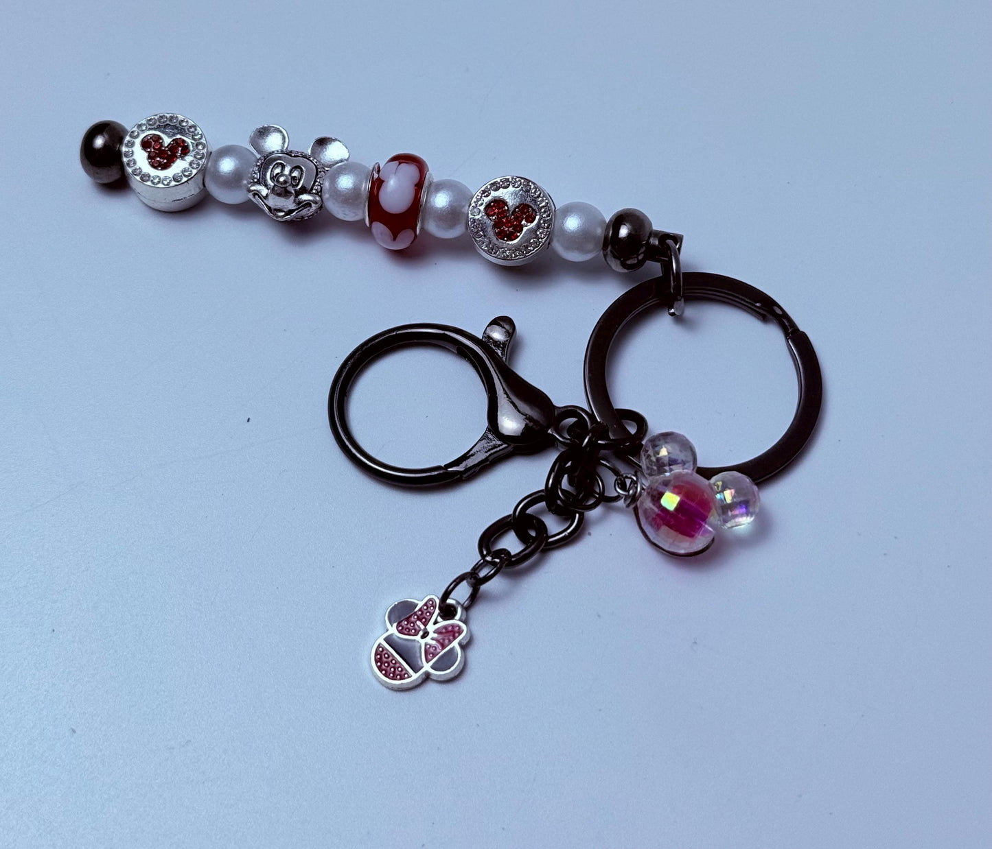 Mickey Mouse Bag Charm: Red, Black, Pearl Beaded Keychain