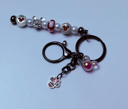 Mickey Mouse Bag Charm: Red, Black, Pearl Beaded Keychain