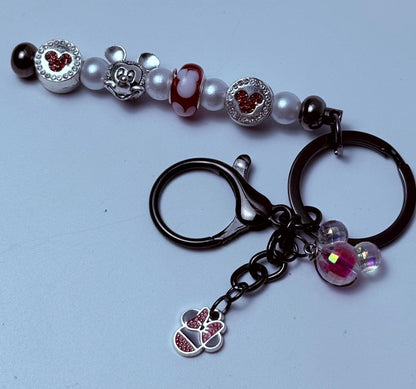 Mickey Mouse Bag Charm: Red, Black, Pearl Beaded Keychain