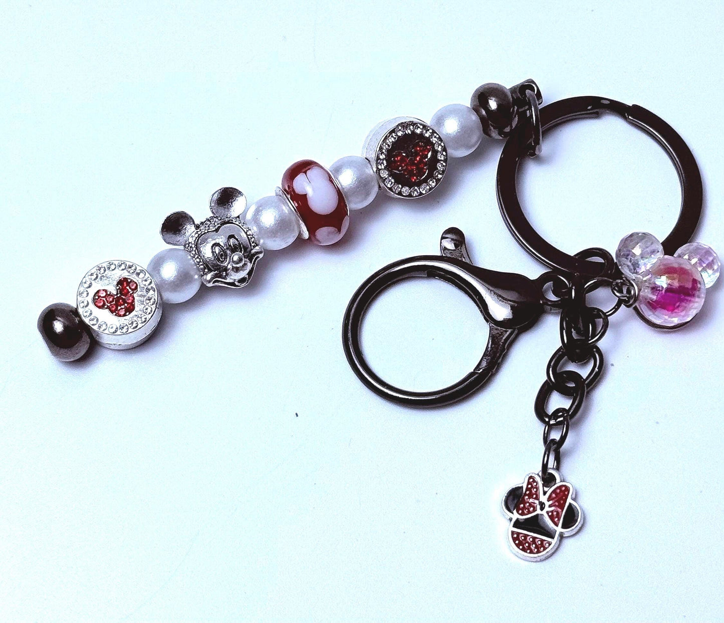 Mickey Mouse Bag Charm: Red, Black, Pearl Beaded Keychain
