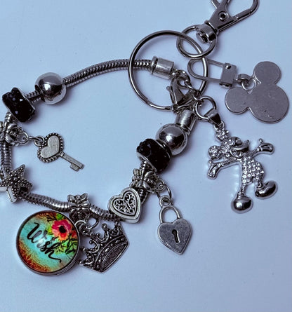 Disney Inspired Silver Bag Charm  Royal Crown & Heart Keychain with Sparkly Mickey and “Wish Pendant
