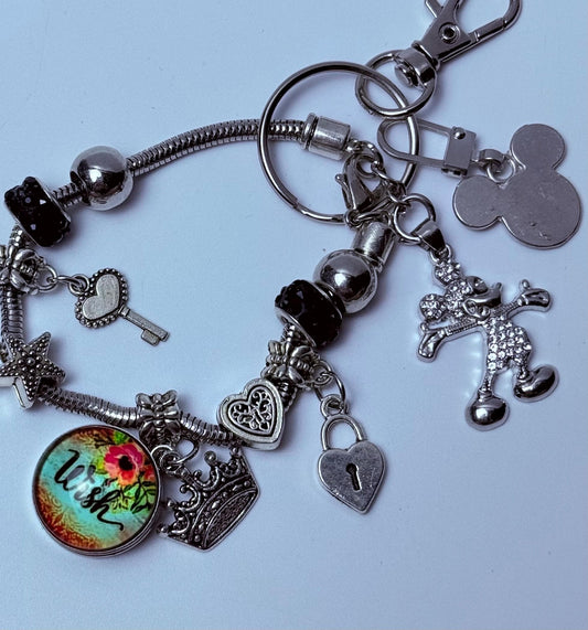 Disney Inspired Silver Bag Charm  Royal Crown & Heart Keychain with Sparkly Mickey and “Wish Pendant