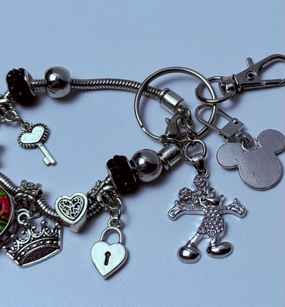Disney Inspired Silver Bag Charm  Royal Crown & Heart Keychain with Sparkly Mickey and “Wish Pendant