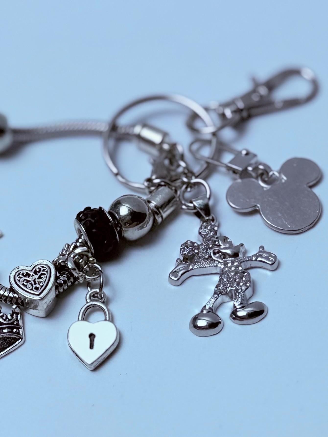 Disney Inspired Silver Bag Charm  Royal Crown & Heart Keychain with Sparkly Mickey and “Wish Pendant
