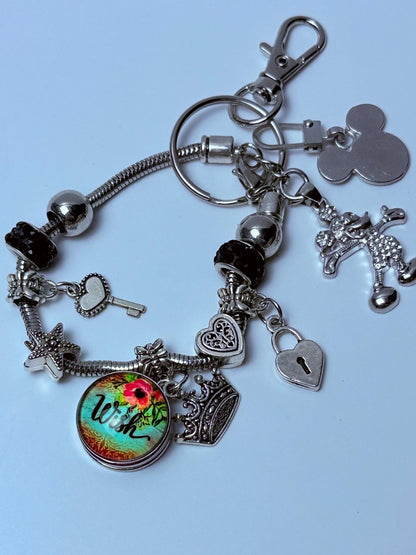 Disney Inspired Silver Bag Charm  Royal Crown & Heart Keychain with Sparkly Mickey and “Wish Pendant
