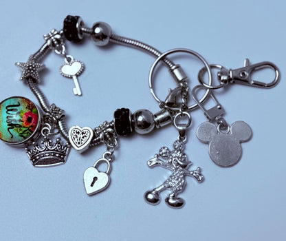 Disney Inspired Silver Bag Charm  Royal Crown & Heart Keychain with Sparkly Mickey and “Wish Pendant