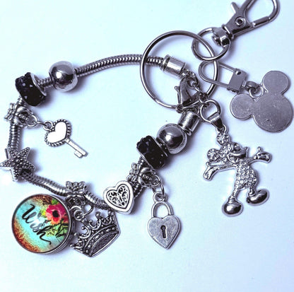 Disney Inspired Silver Bag Charm  Royal Crown & Heart Keychain with Sparkly Mickey and “Wish Pendant