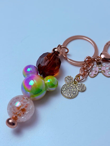 Rose Gold Mickey Keychain: Rhinestone Charm with Rainbow Beads