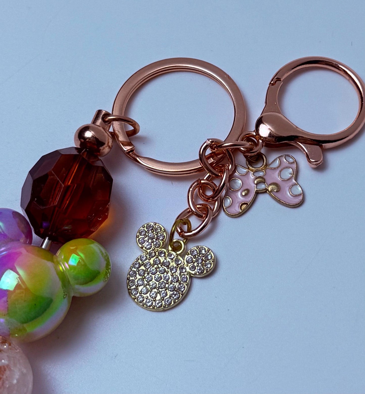 Rose Gold Mickey Keychain: Rhinestone Charm with Rainbow Beads