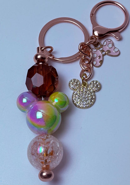 Rose Gold Mickey Keychain: Rhinestone Charm with Rainbow Beads