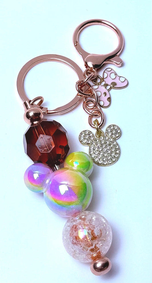 Rose Gold Mickey Keychain: Rhinestone Charm with Rainbow Beads