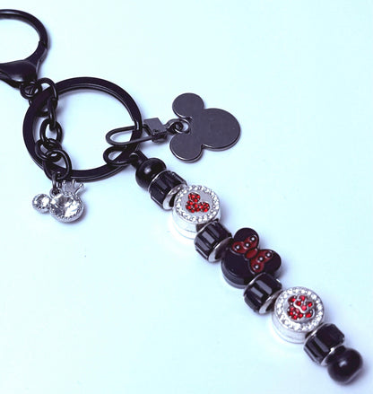 Black Crystal Mickey Bag Charm Keychain | Minnie Bow Purse Charm | Disney Inspired Accessory | Handmade Sparkly Beaded Key Ring