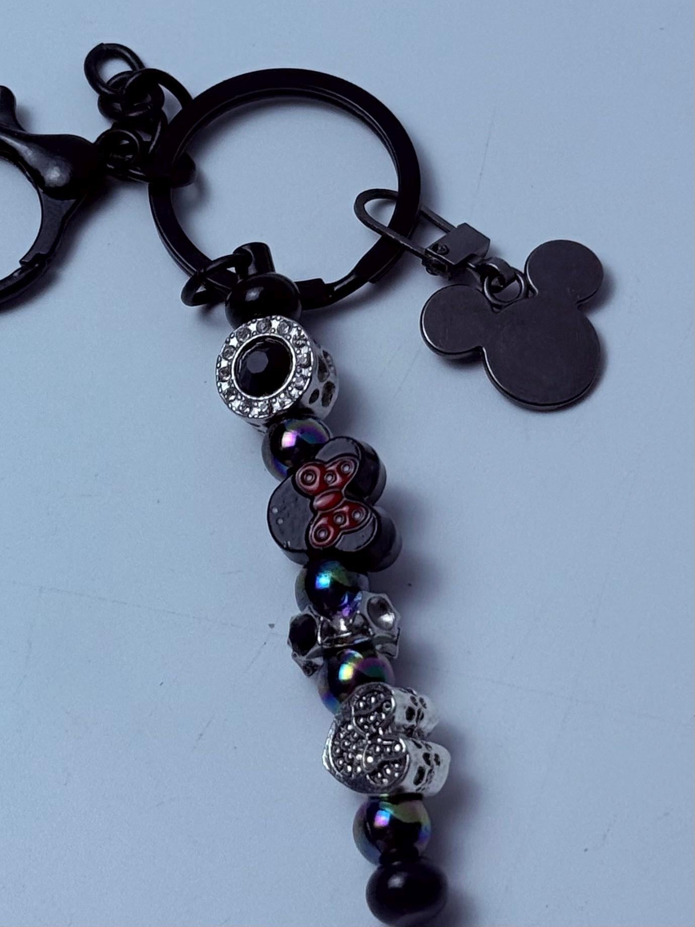 Black Mickey Mouse Charm Keychain  Red & Black Beaded Strand, Multiple Disney Charms, Handmade Disney Bag Accessory