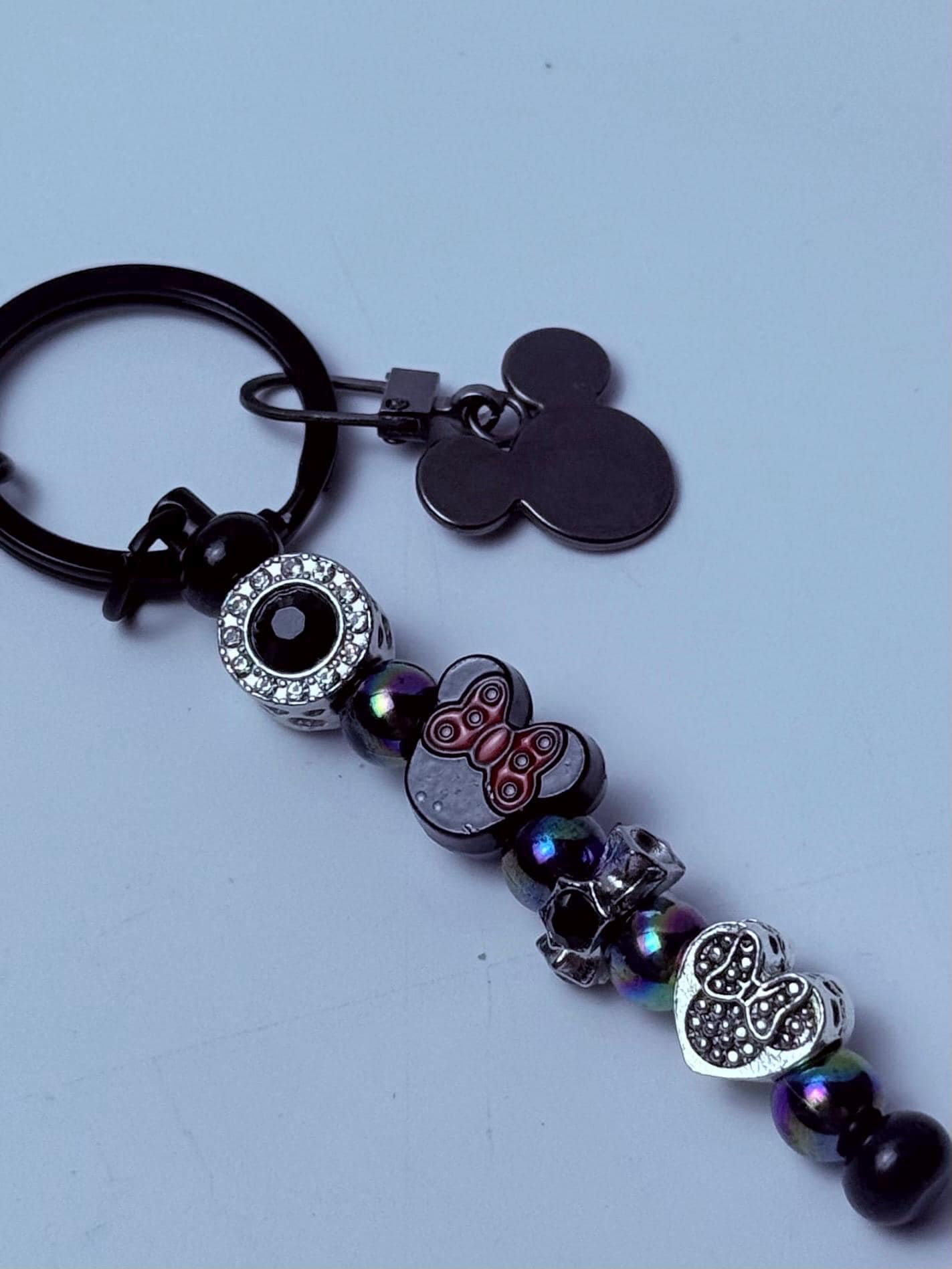 Black Mickey Mouse Charm Keychain  Red & Black Beaded Strand, Multiple Disney Charms, Handmade Disney Bag Accessory