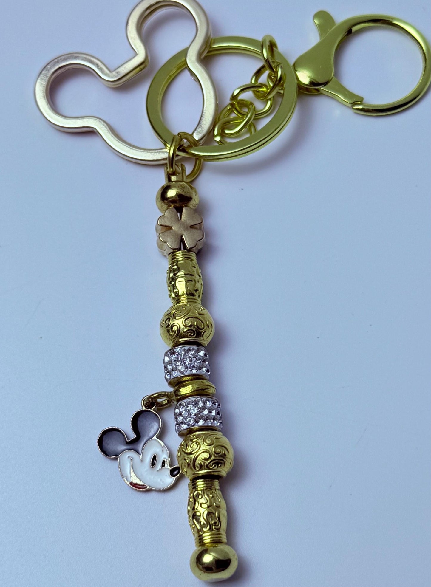 Disney Inspired Gold Bag Charm  Mickey Mouse Keychain with Sparkling Beads & Clover Accent, Handmade Purse Accessory, Disney Gift for Her