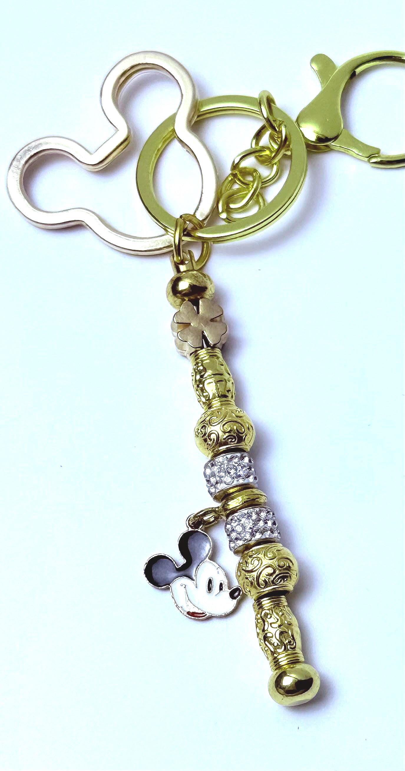 Disney Inspired Gold Bag Charm  Mickey Mouse Keychain with Sparkling Beads & Clover Accent, Handmade Purse Accessory, Disney Gift for Her