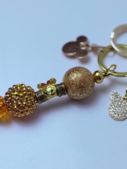 Disney Inspired Gold Bag Charm  Mickey Mouse Rhinestone Keychain with Beads & Crystal Accent, Handmade Purse Accessory, Cute Disney Gift