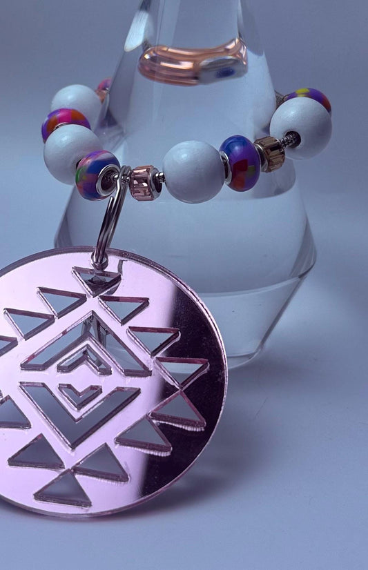 Rose Gold Aztec Mandala Bag Charm: Metallic Acrylic Keychain