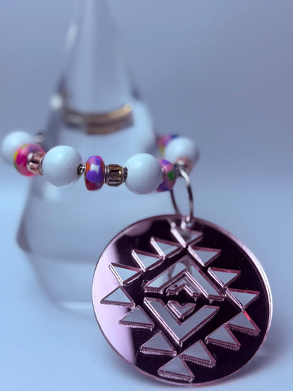 Rose Gold Aztec Mandala Bag Charm: Metallic Acrylic Keychain
