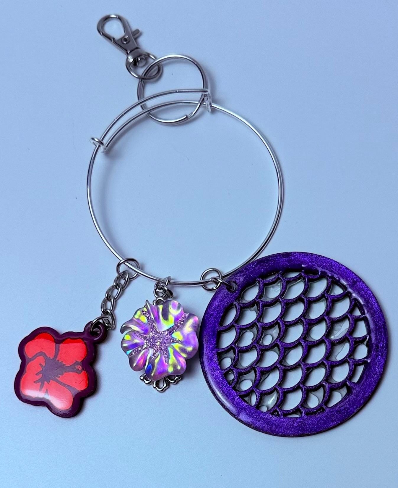 Purple Hibiscus Bag Charm Keychain: Mermaid Scale Acrylic Purse Accessory