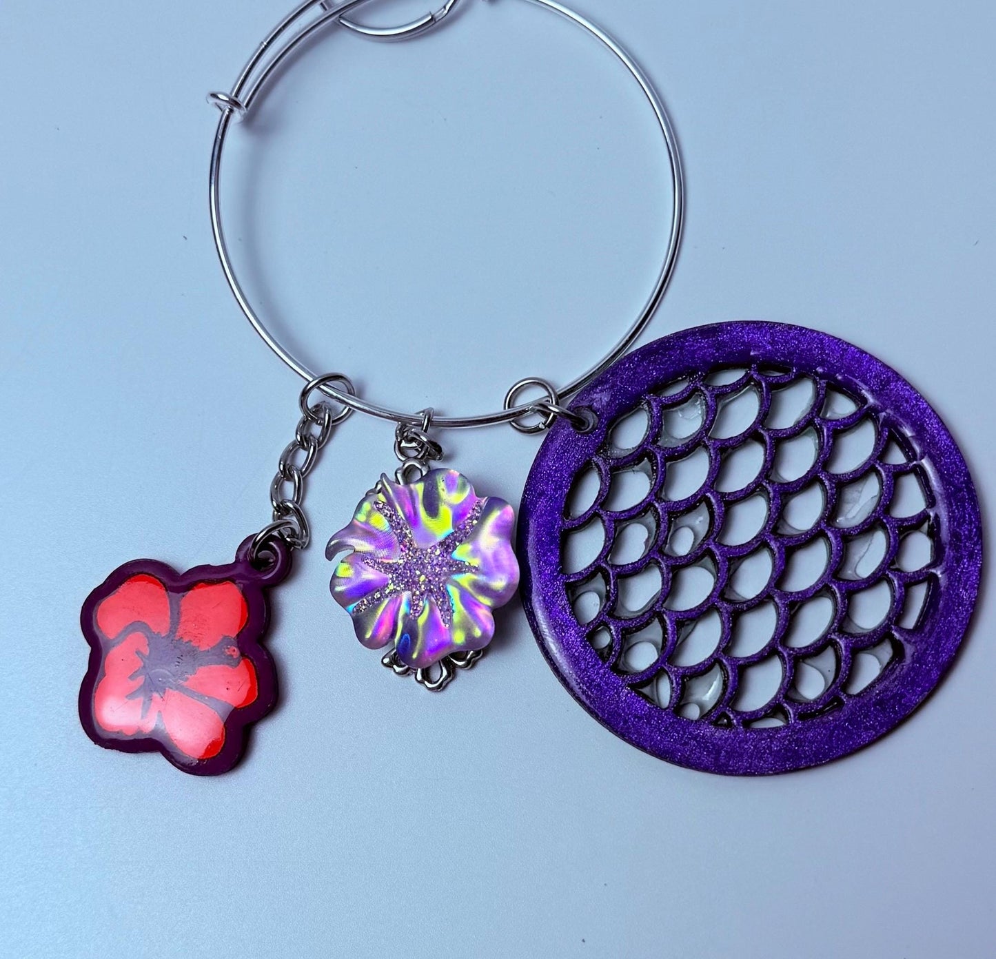 Purple Hibiscus Bag Charm Keychain: Mermaid Scale Acrylic Purse Accessory